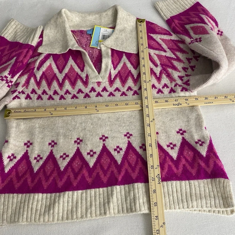 CeCe Women's Medium Collared‎ Fair Isle Sweater Beige/Magenta Long Flare Sleeve